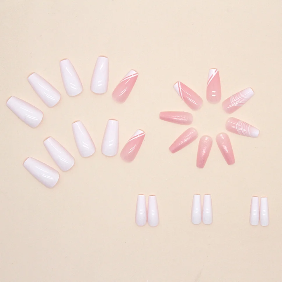 24Pcs Simple Pink Medium Length Ballet Fake Nails White Gradient Press on Nails Finished Full Coverage Wearing False Nail Tips