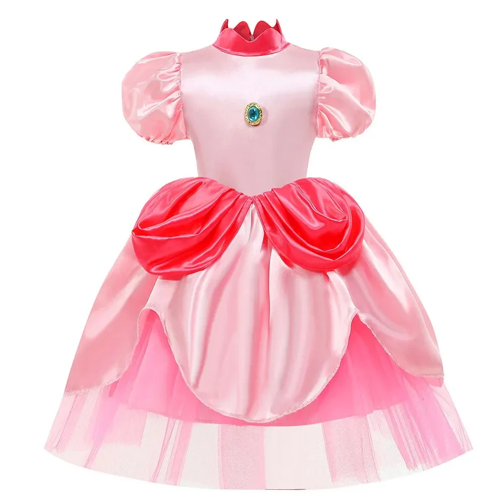 Children Short Sleeve Perform Dress for Halloween Carnival Princess Peach Cosplay Costume Kids Girls Birthday Gift Party Gown