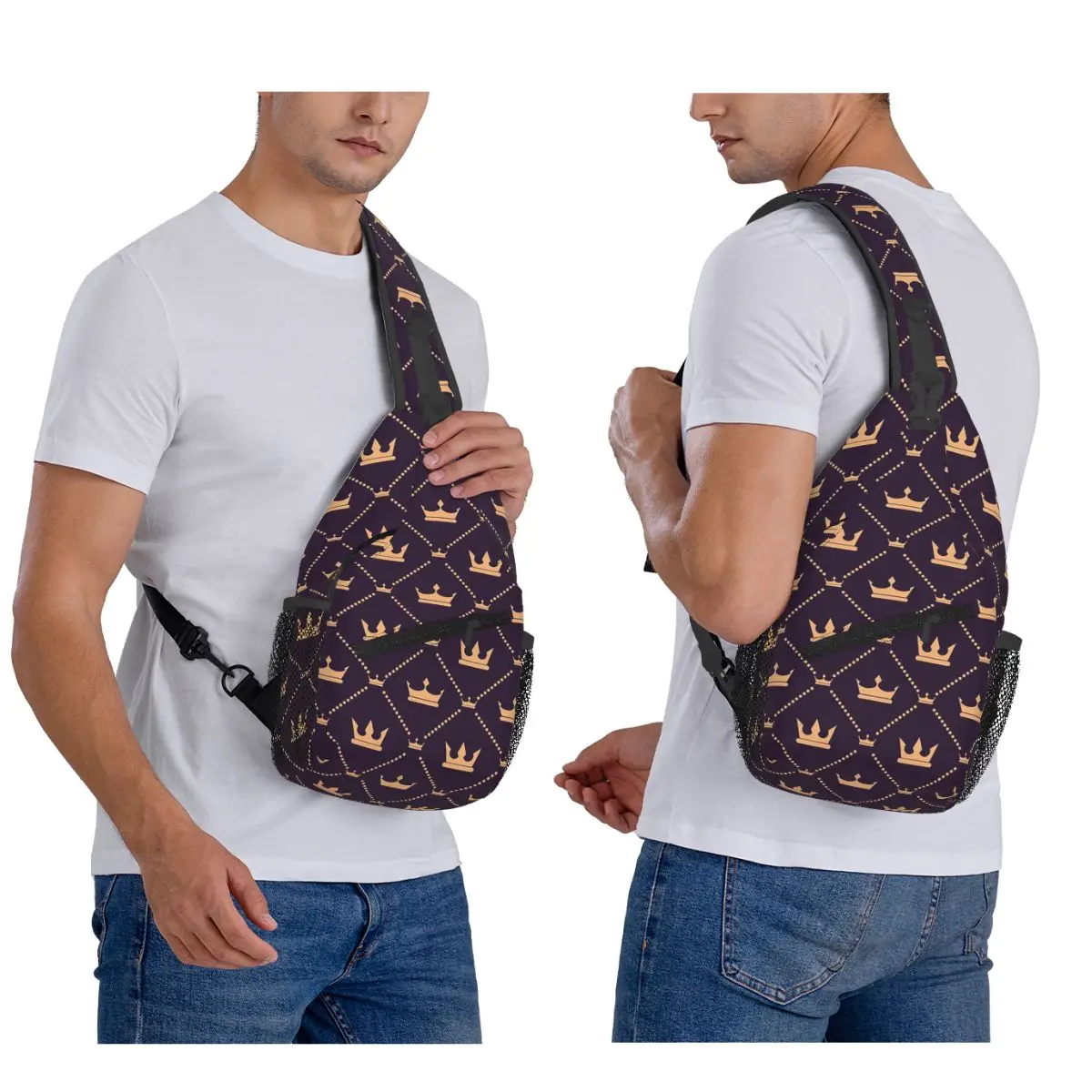Cute Crown Pattern Chest Bag Men Sling Crossbody Backpack Chest Bag Travel Hiking Daypack Shoulder Bag