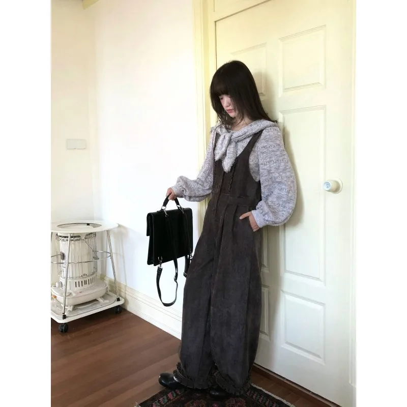 Gray coffee autumn and winter chenille thick trousers college style ancient and versatile women's wide-leg overalls