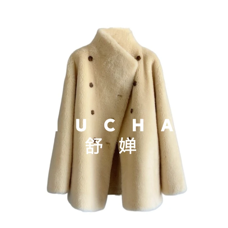 معطف صوف 100% للنساء معطف دافئ جديد للنساء من صوف الضأن معطف فرو مركب Casacos De Inverno Feminino