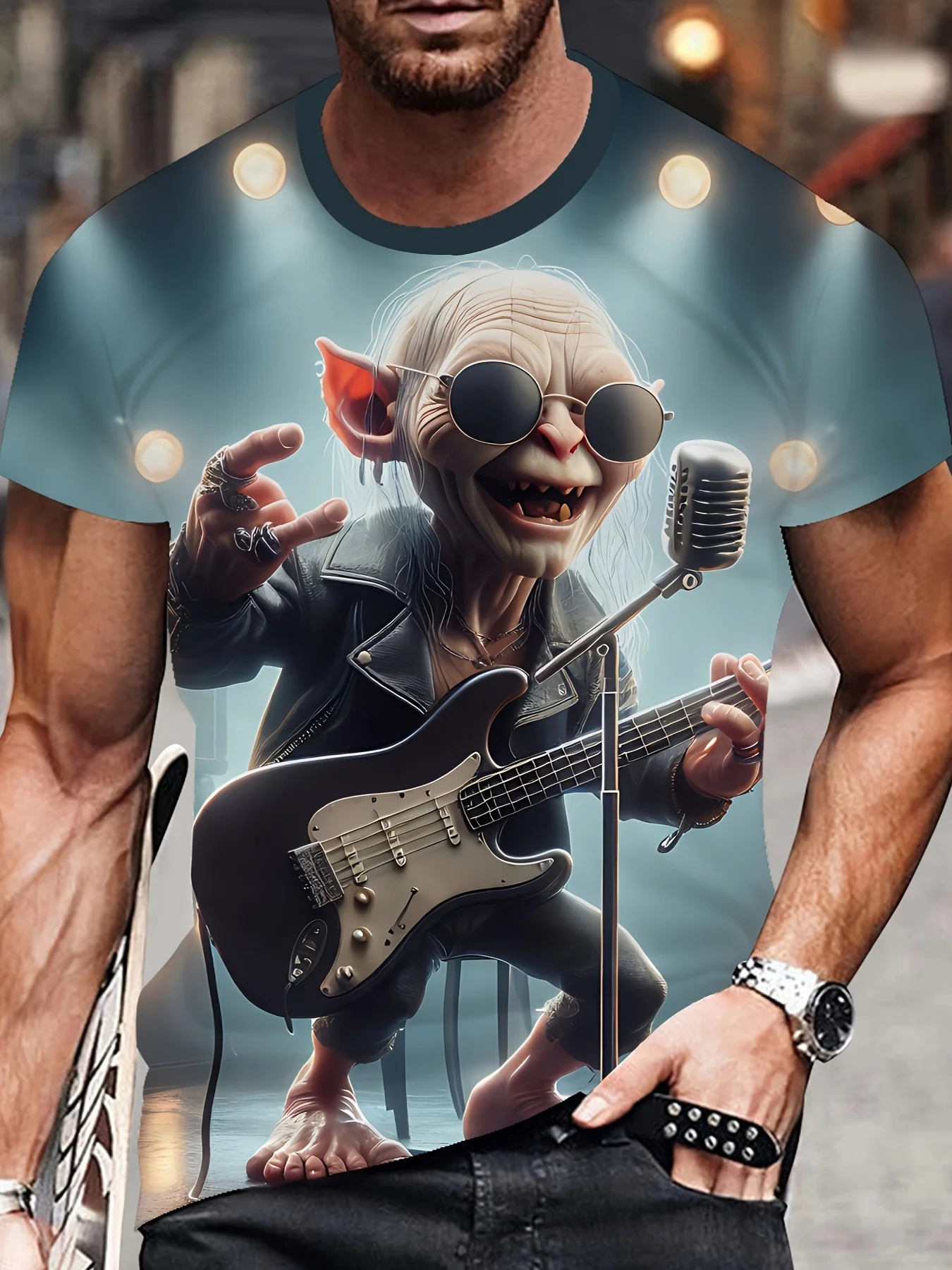 Camiseta gráfica Hobbit Rocker 3D para hombre con micrófono y estampado de guitarra Casual cuello redondo manga corta poliéster