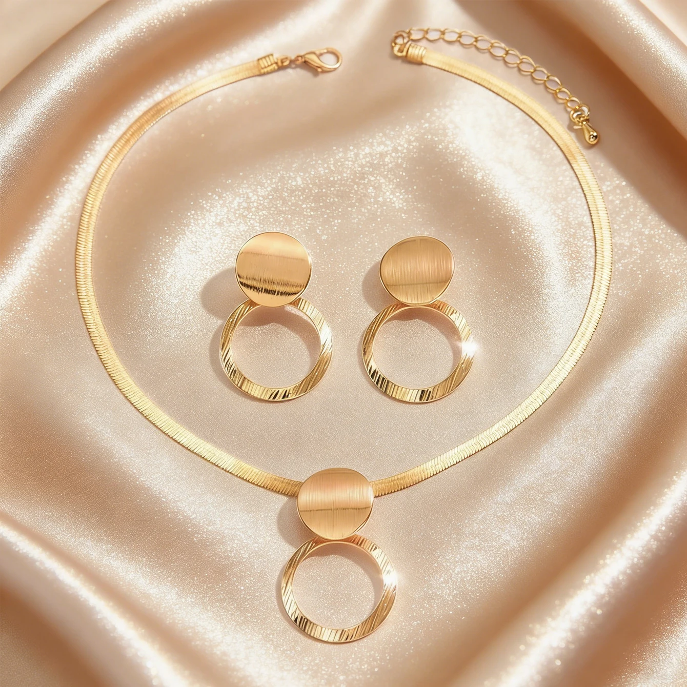 Fashionable Flat Snake Chain Ring & Pendant Necklace Earrings Set
