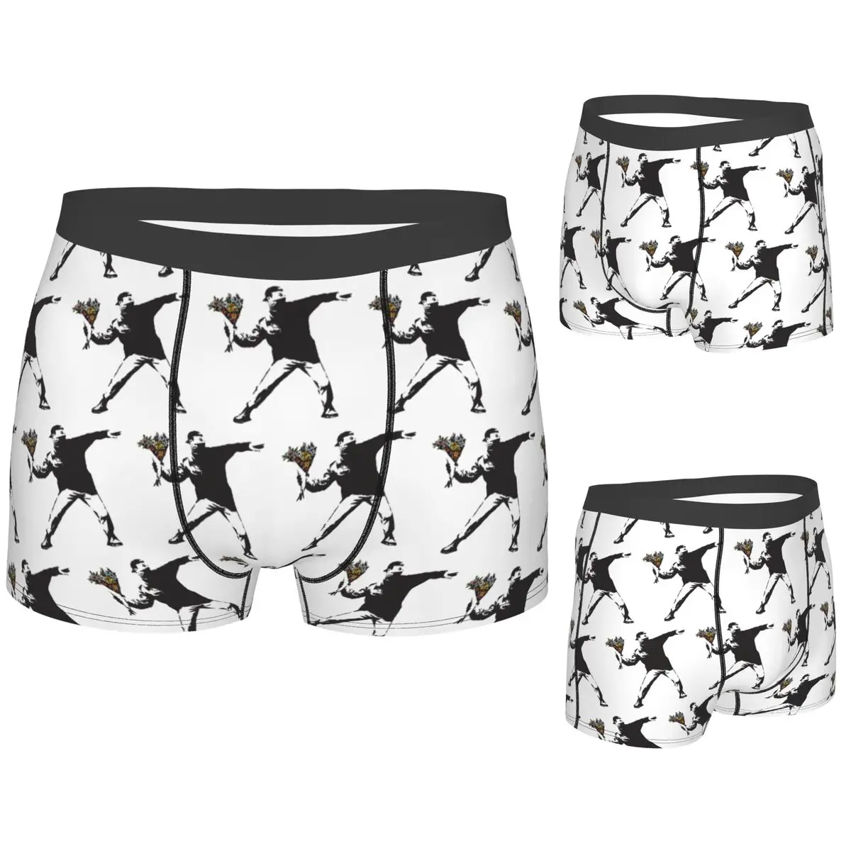

Boxer Underpants Shorts Banksy Graffiti Protest Anarchist Throwing Flowers Thrower Make Panties Men Breathable Underwear