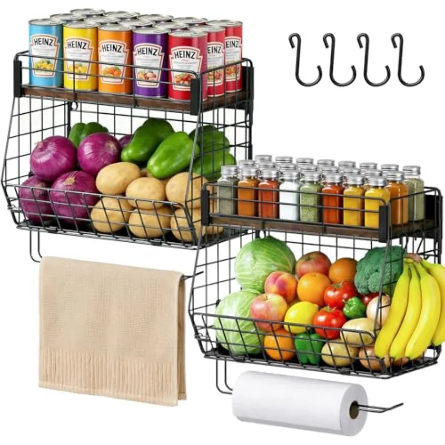 

2 Pack Magnetic Spice Rack for Fridge with Paper Towel Holder, Fruit Basket with 4 Hooks for Kitchen Storage and Organizer, Ful