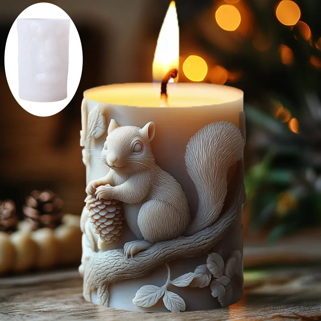 3D Squirrel Relief Cylinder Candle Silicone Mold Eating Pine Squirrel Relief Resin Mould Rabbit penguin Cement Gypsum Molds