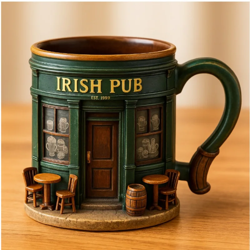 Taza de Acero Inoxidable con Patrón de Pub Irlandés en 3D - Adorno Artesanal de Resina para Bar en Casa - Utensilio para Beber Cerveza o Café - Regalo Navideño