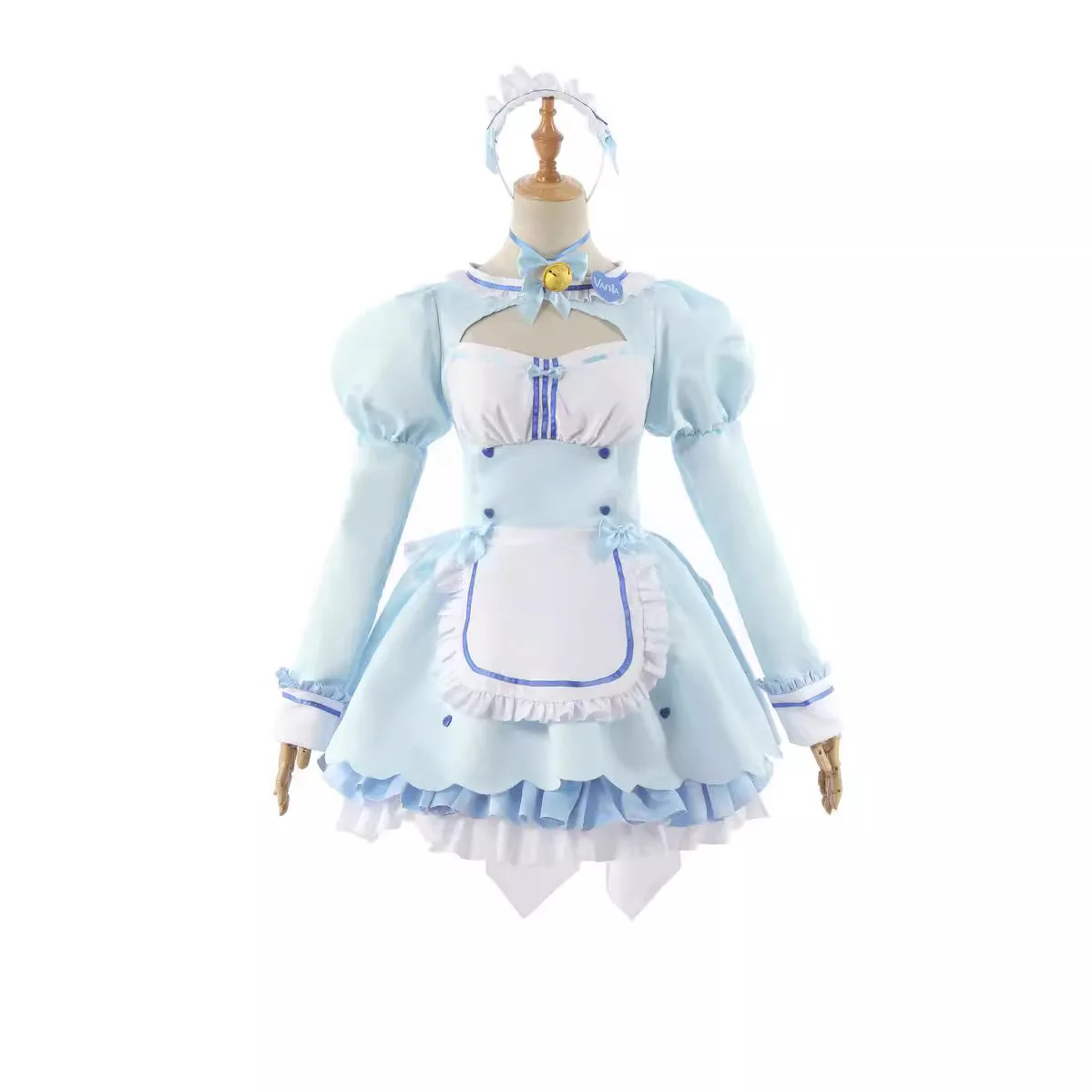Nekopara Vanilla Light Blue Maid Cosplay Costume Full Set Wig Bell Choker Headband Cat Tail Women Anime Fancy Dress Outfit view 5