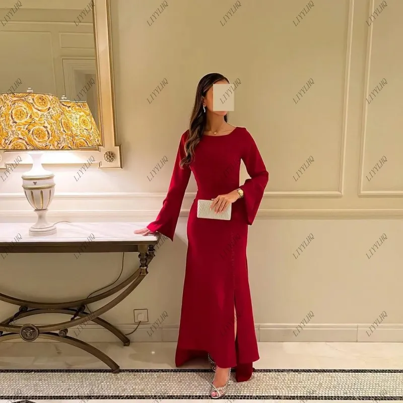 

LIYYLHQ Saudi Arabian Red Evening Party Gowns Elegant Women Tight Prom Dresses Ankle Length With Long sleeves Vestidos De Noches