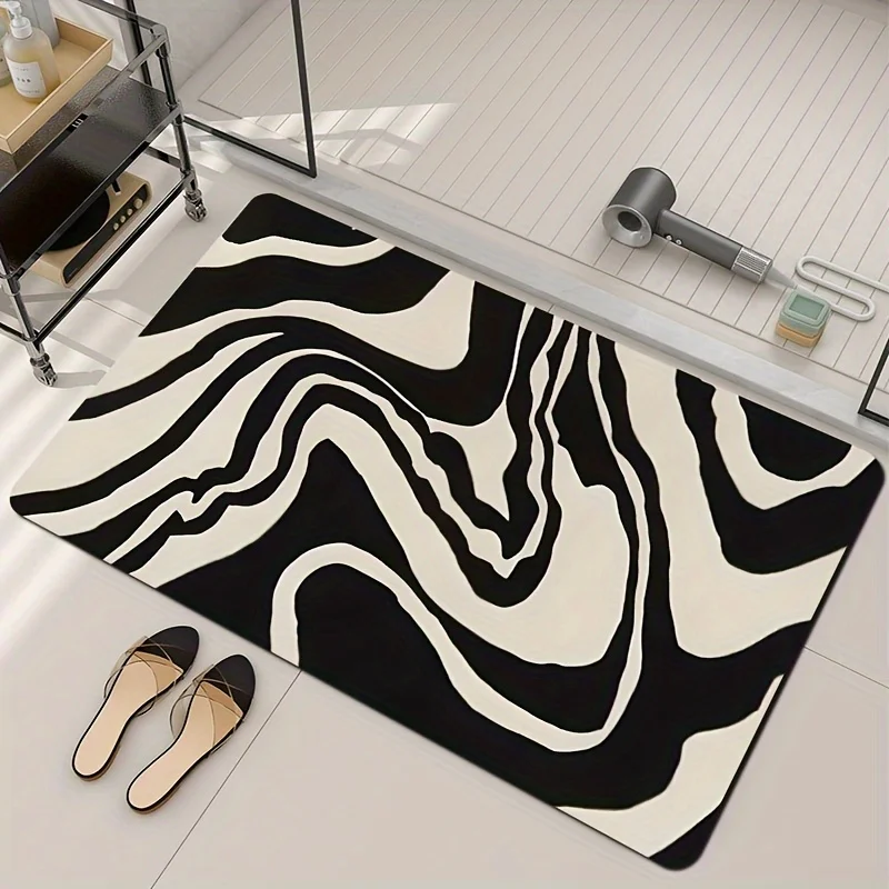 1pc Abstract zebra stripe pattern floor mat, machine washable polyester, suitable for bedroom and living room décor.