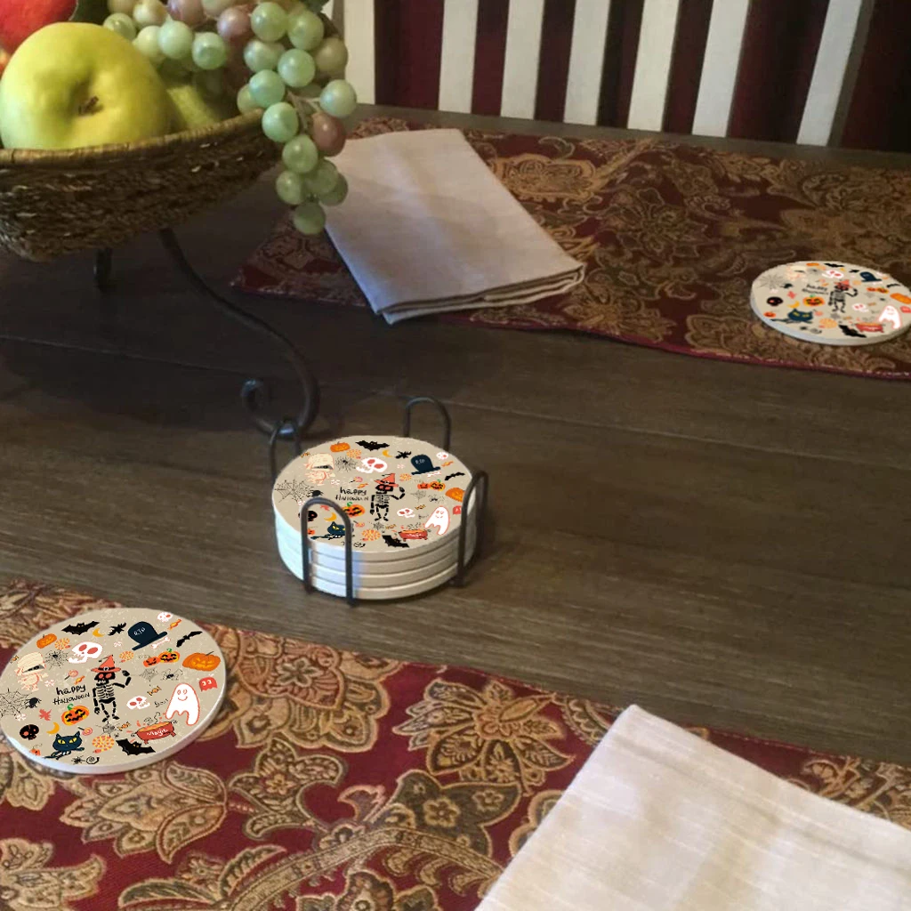 

6Pcs Halloween Decor Coaster Ceramic Coasters With Holder Absorbent Coaster Drink Bar Party Coaster Table Halloween Spooky Decor