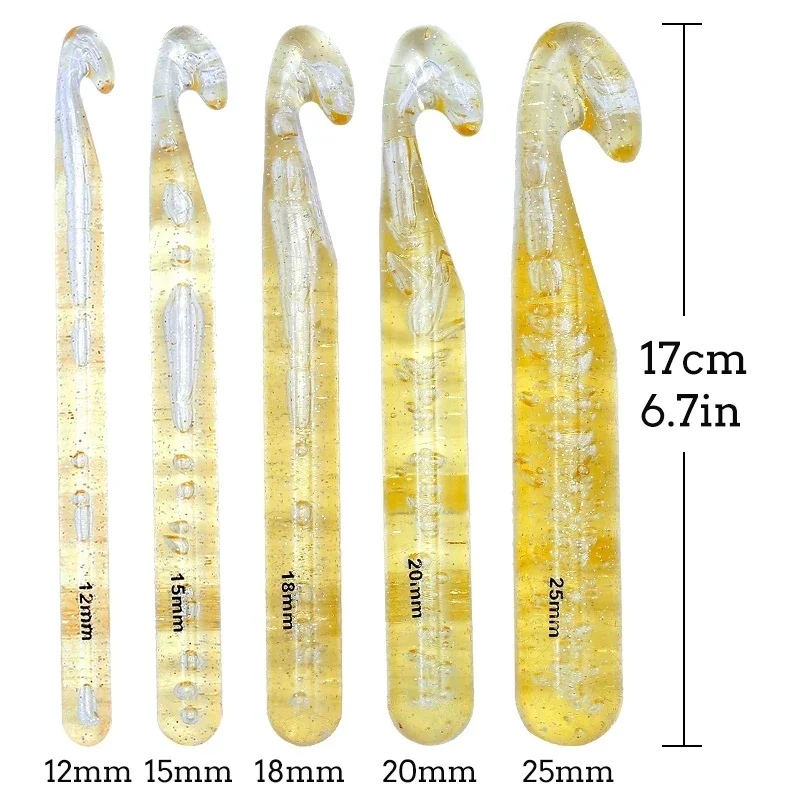 5Pcs 12/15/18/20/25 mm Transparent Crystal Crochet Hooks Set Weave Sewing Tools Embroidery Needles Big Knitting Needles