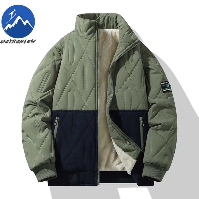 Maxbarley Winter Plush Padding Jacket Men Trendy Splicing Thick Thermal Padded Jacket Casual Outdoor Ski Windproof Fleece Parka