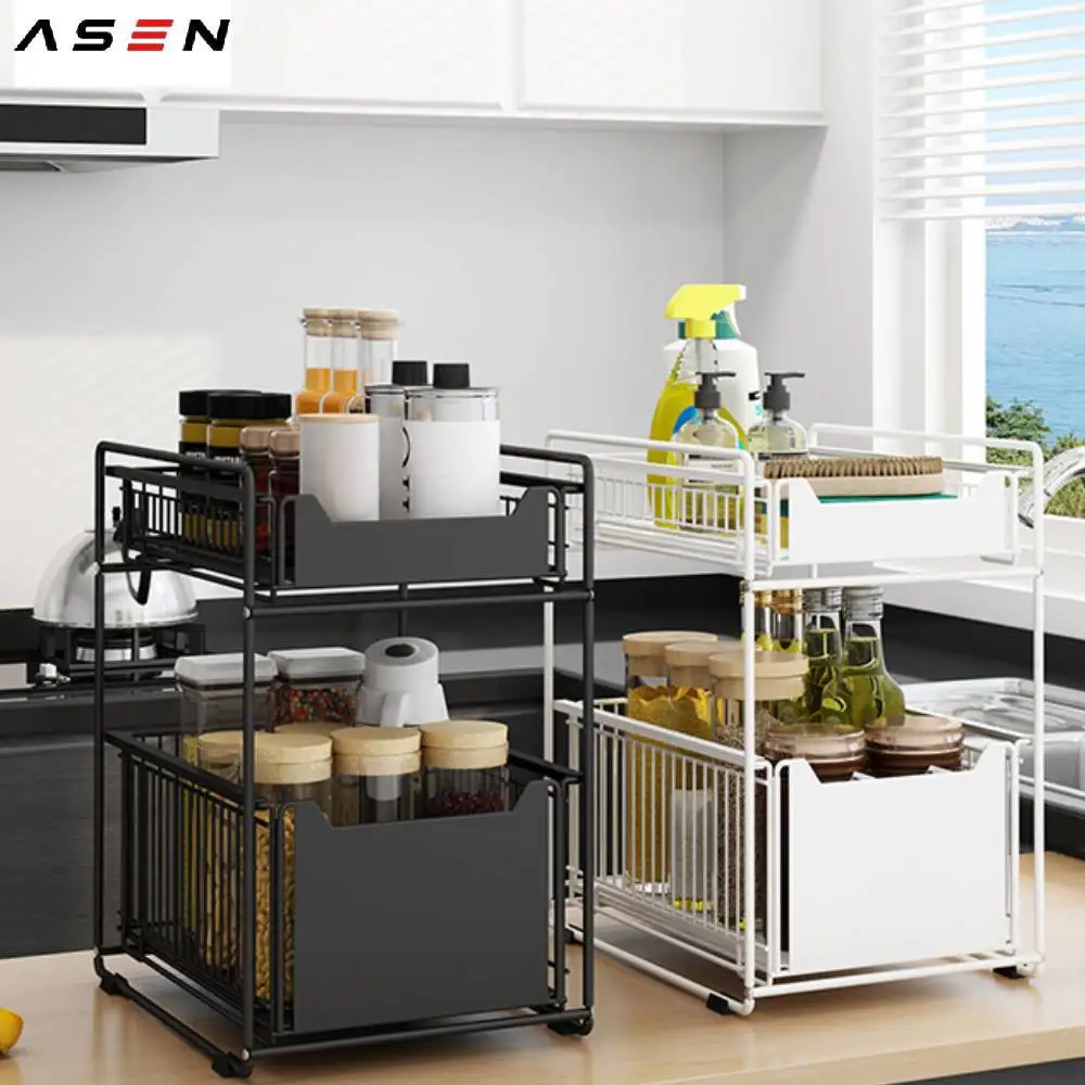 

Under Sink Organizer Storage Rack 2 Tier Sliding Cabinet Basket Countertop Pull Out Drawer Spice Shelf Bathroom Kitchen Cabinet