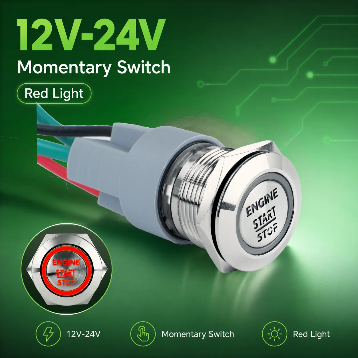 19mm Stainless Steel Ignition Engine Start Stop Switch 12-24V Red Light Momentary Switch With Wire Harness&Optional Cap