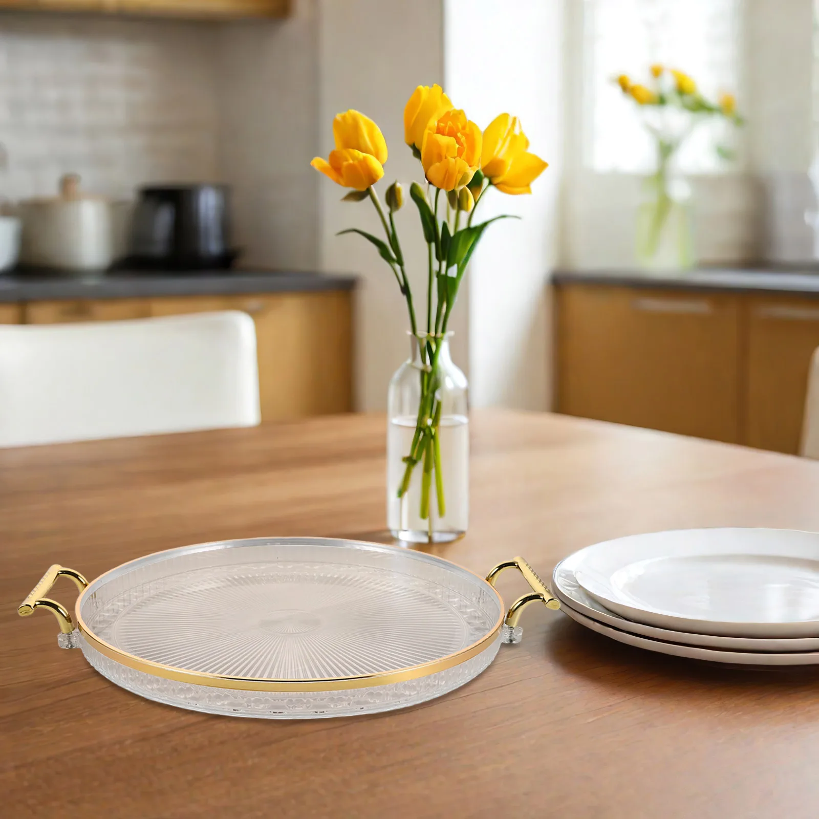 

Round Tray Dessert Organizer Clear Trinket Decorative Serving for Tea Cups Storage