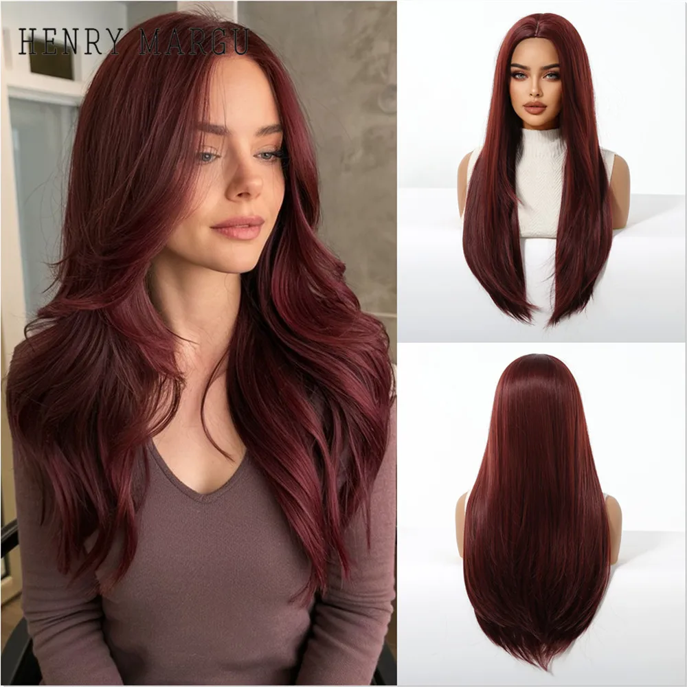 

HENRY MARGU Auburn Red Synthetic Wigs Long Silk Straight Wig Middle Part Daily Fake Hair High Temperature Fiber Wig for Women