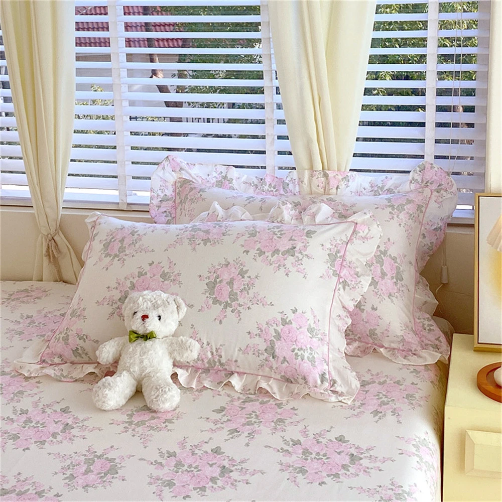 100% Cotton Pillowcase Flower Printed A Pair of Pillowcases Korean Pillow Cover with Ruffles Soft Comforter 48*74cm Pillowcase ﻿