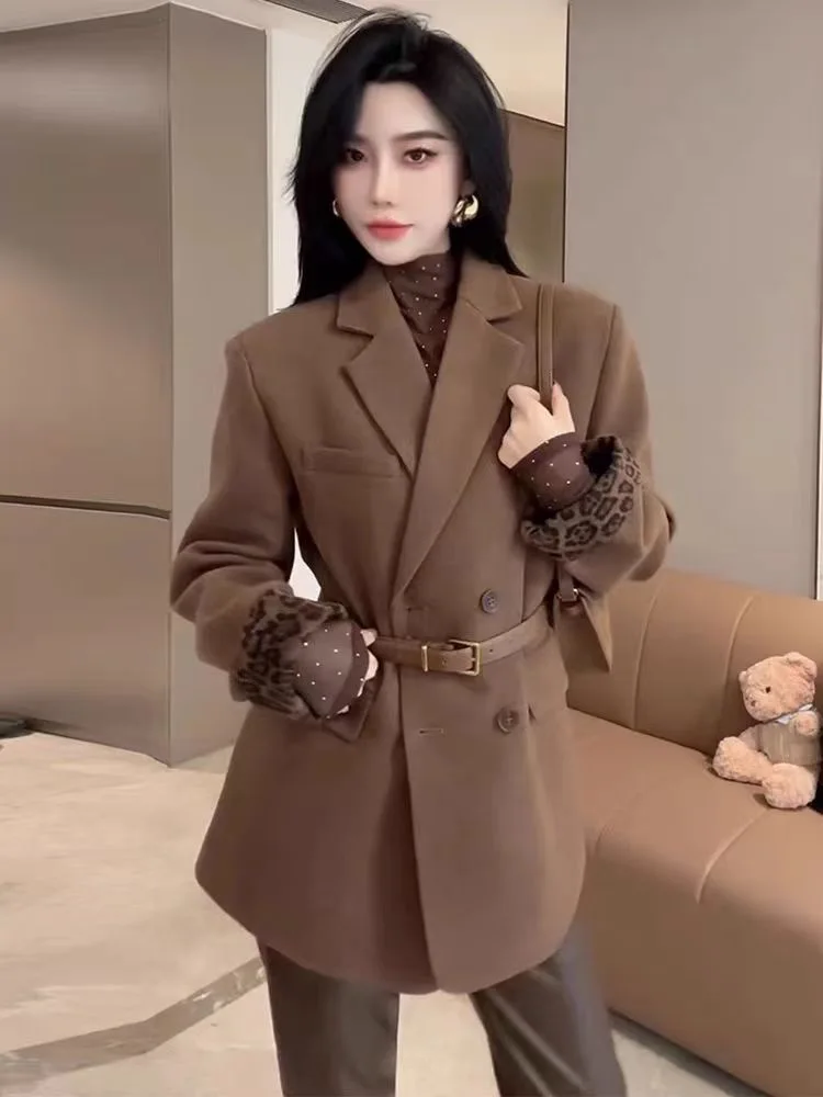 

Retro Cuff Woolen Blazer for Women 2024 Autumn-Winter Elegant Waist-Cinching Thickened Lined Coat Trendy Office Look Hot Sale