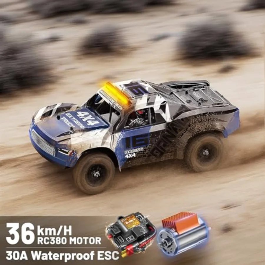 RC Monster Truck for off-road use, ABS plastic body, red, 36km/h speed with dual batteries, water-resistant design, 4WD metal d