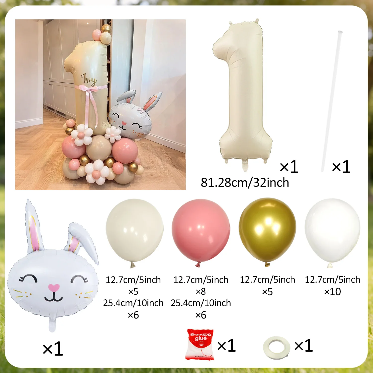 Hasen-Ballon-Set, milchweiße Zahlenballons 0-9 für Geburtstagsfeier, Dusche, Jubiläumsdekoration, Ballon, Dschungel-Hasen-Ballon – Detail 2