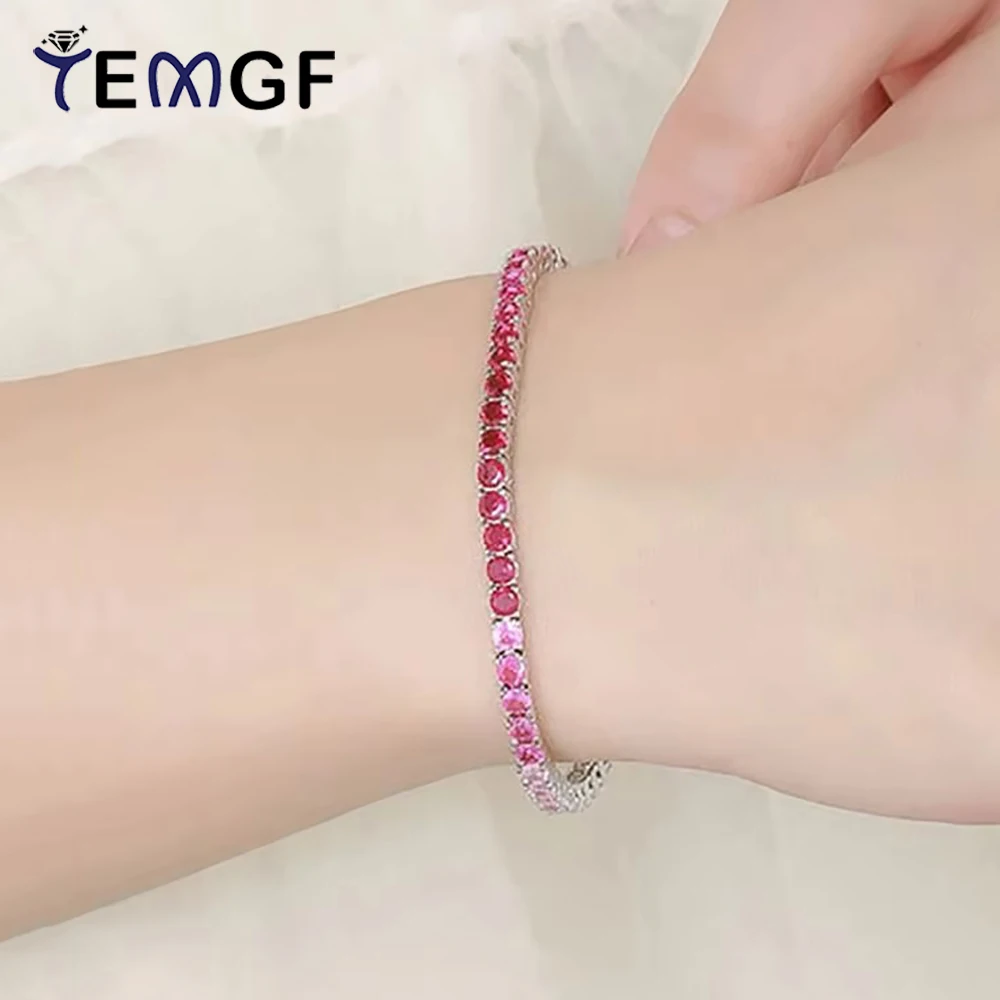 

TEMGF 3mm Tennis Bracelet Gradient Red/Blue S925 Silver Chain for Women Men Fashion Fine Jewelry Couple Date Love Birthday Gifts