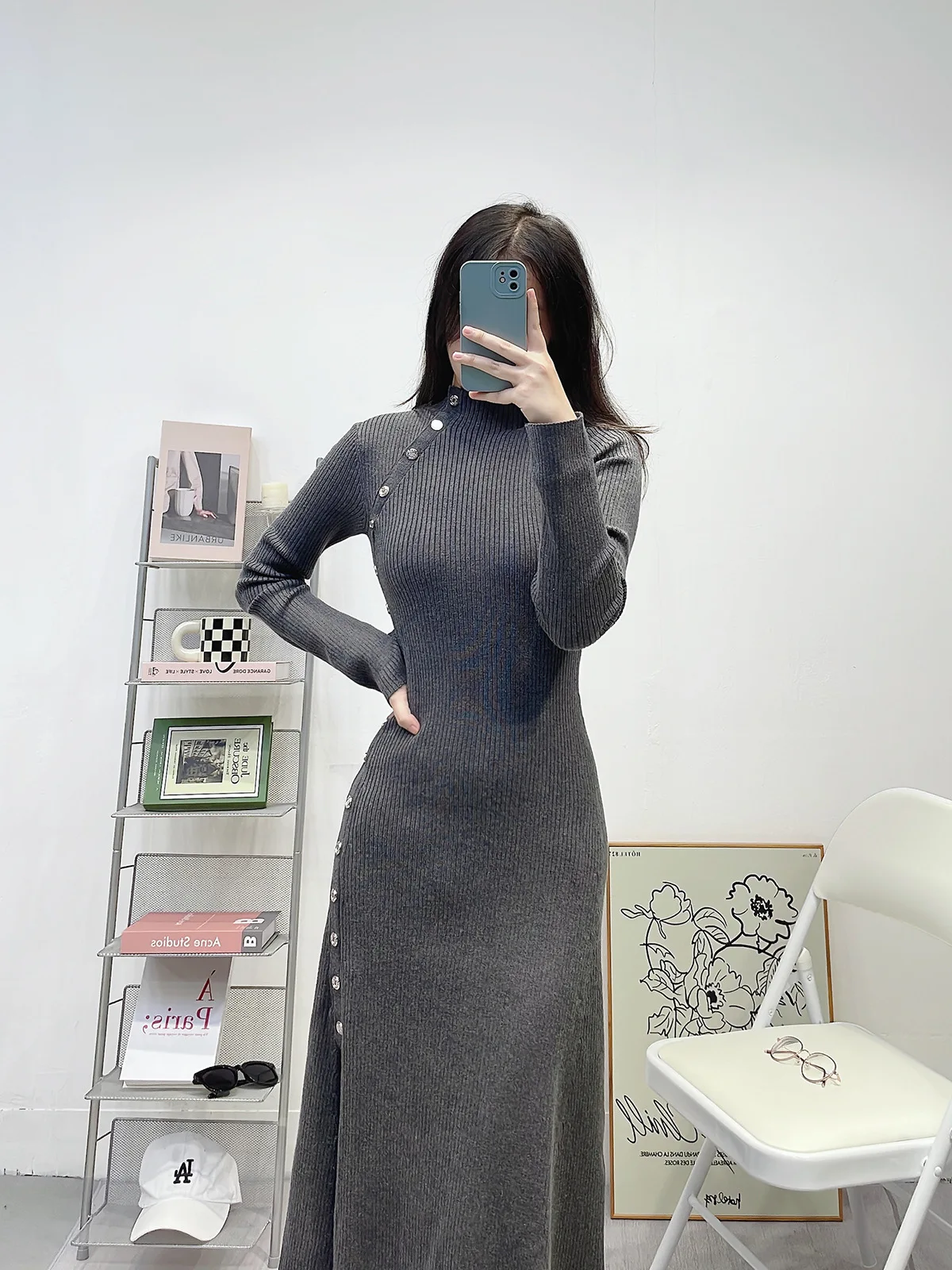 Split Dress Design Feel Button Long Waist Knitted M Family 2024 Autumn/Winter Women\'s Wear New Small Stand