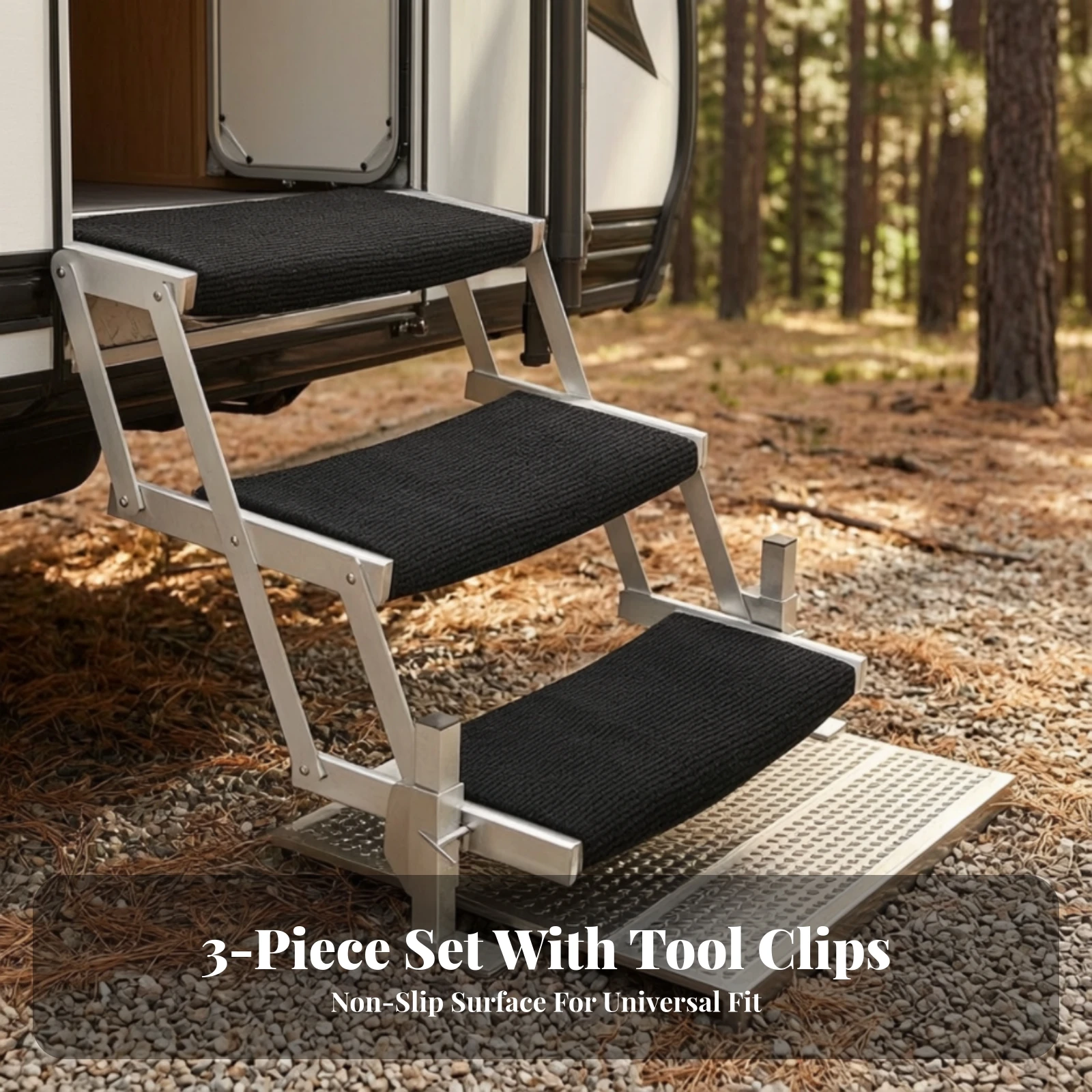 3 Pieces RV Step Mat with Adjustable Straps Textured RV Step Cover Motorhome Stair Mat Water-Washable Heat-Reducing for Campers