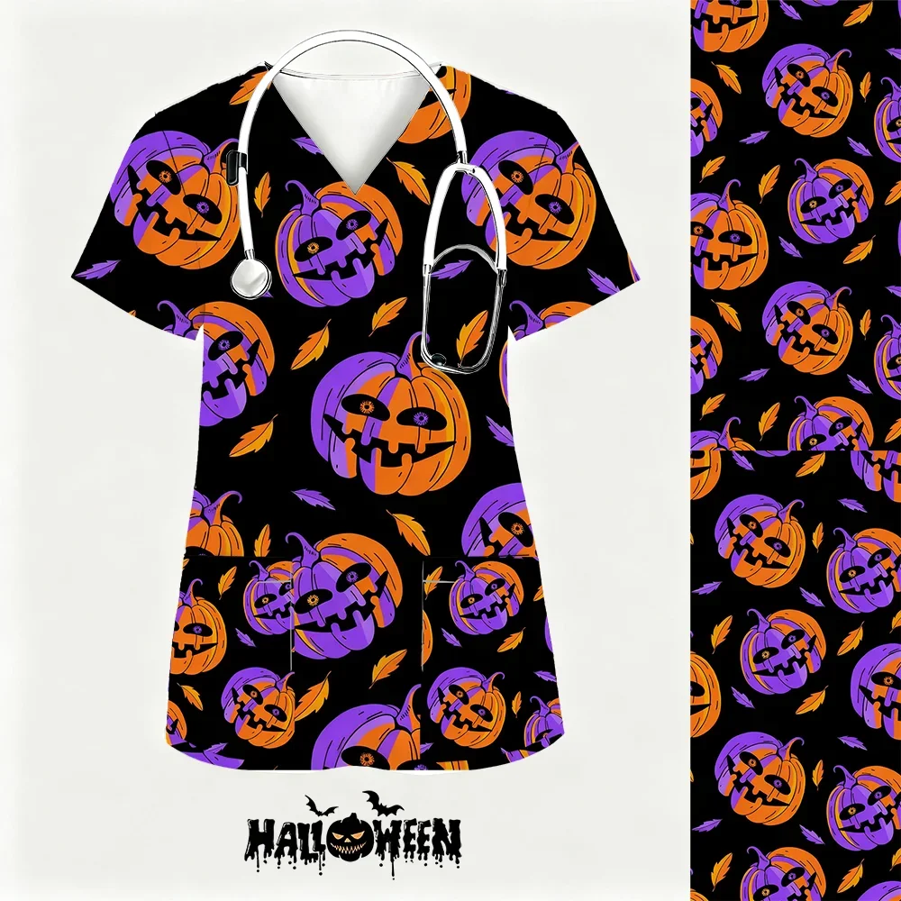 Топы-скрабы с принтом на Хэллоуин, женская рабочая блузка для домашних животных, аксессуары для медсестер, унисекс, с короткими рукавами и v-образным вырезом, униформа с принтом, рабочая униформа