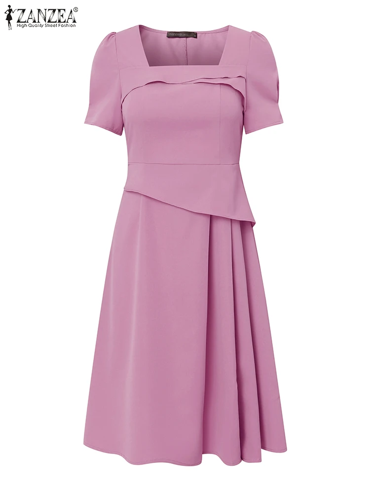 ZANZEA Elegant A-Line Dresses Woman Square Neck Short Puff Sleeve Layered Trim Knee-Length Robes Femme Summer Office Vestidos