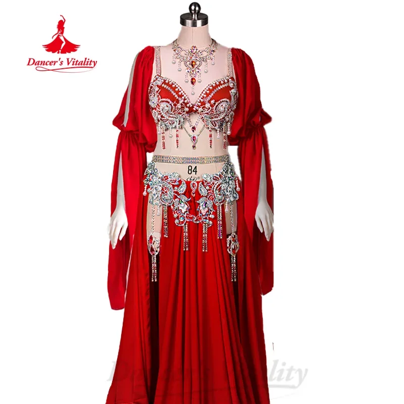 BellyDance Set Women Customized Exquisite Pearl Bra+Luxury Rhinestones Split Long Skirt 2pcs Oriental Dance Performance Costumes