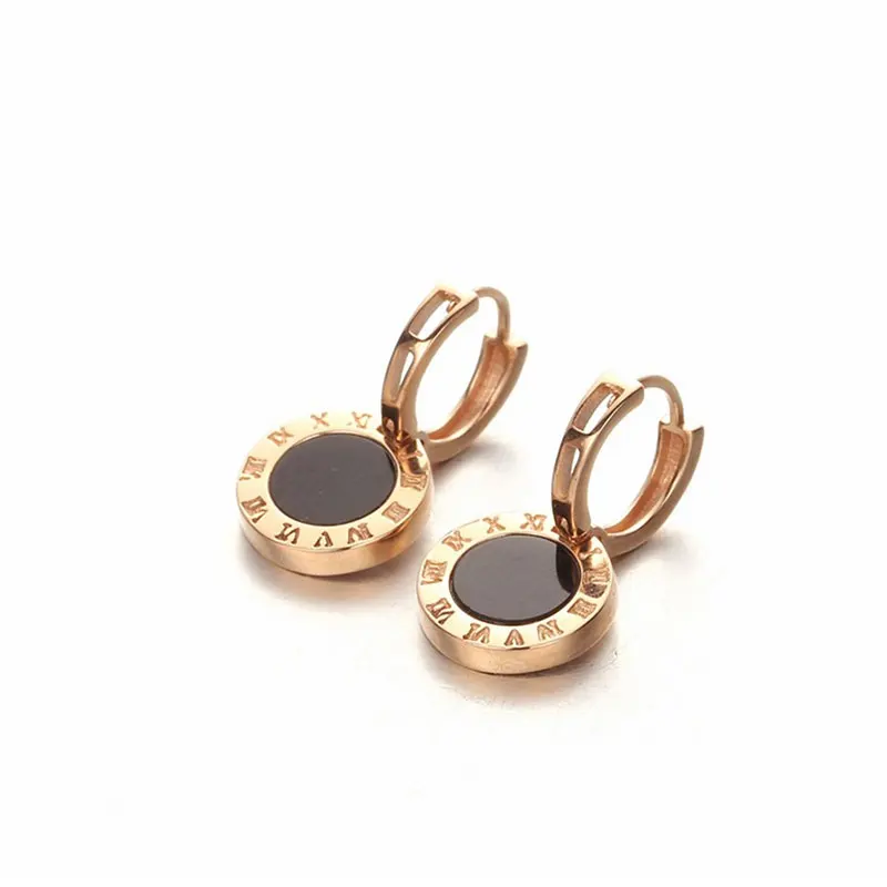 

585 purple gold earings for women plated 14K rose gold round digital black agate Ear buck fashionable luxury party jewelry