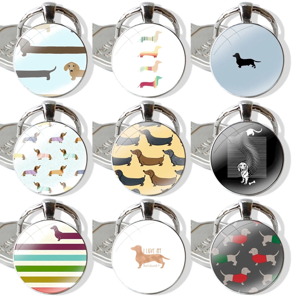 Keychain Handmade Glass Cabochon Key Ring Holder Pendant Key Chains Cute cartoon Dachshund dog