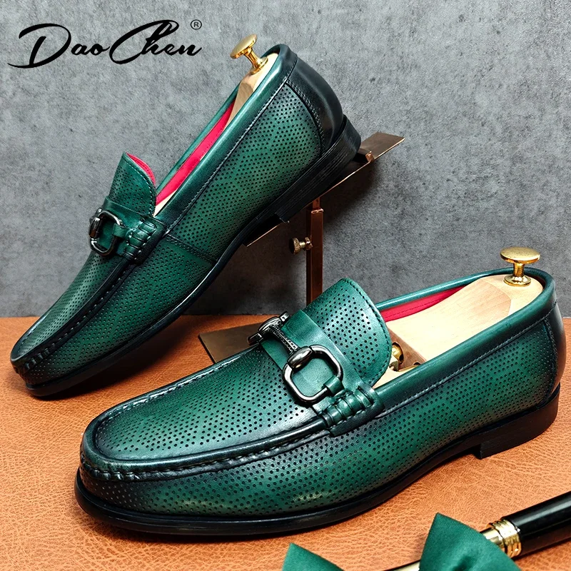 Daochen Luxury Mens Leathe Shoes High-Quality Slip On Hollow Out Green Black Men Shoes Wedding Party Drive Casual Dress Loafers