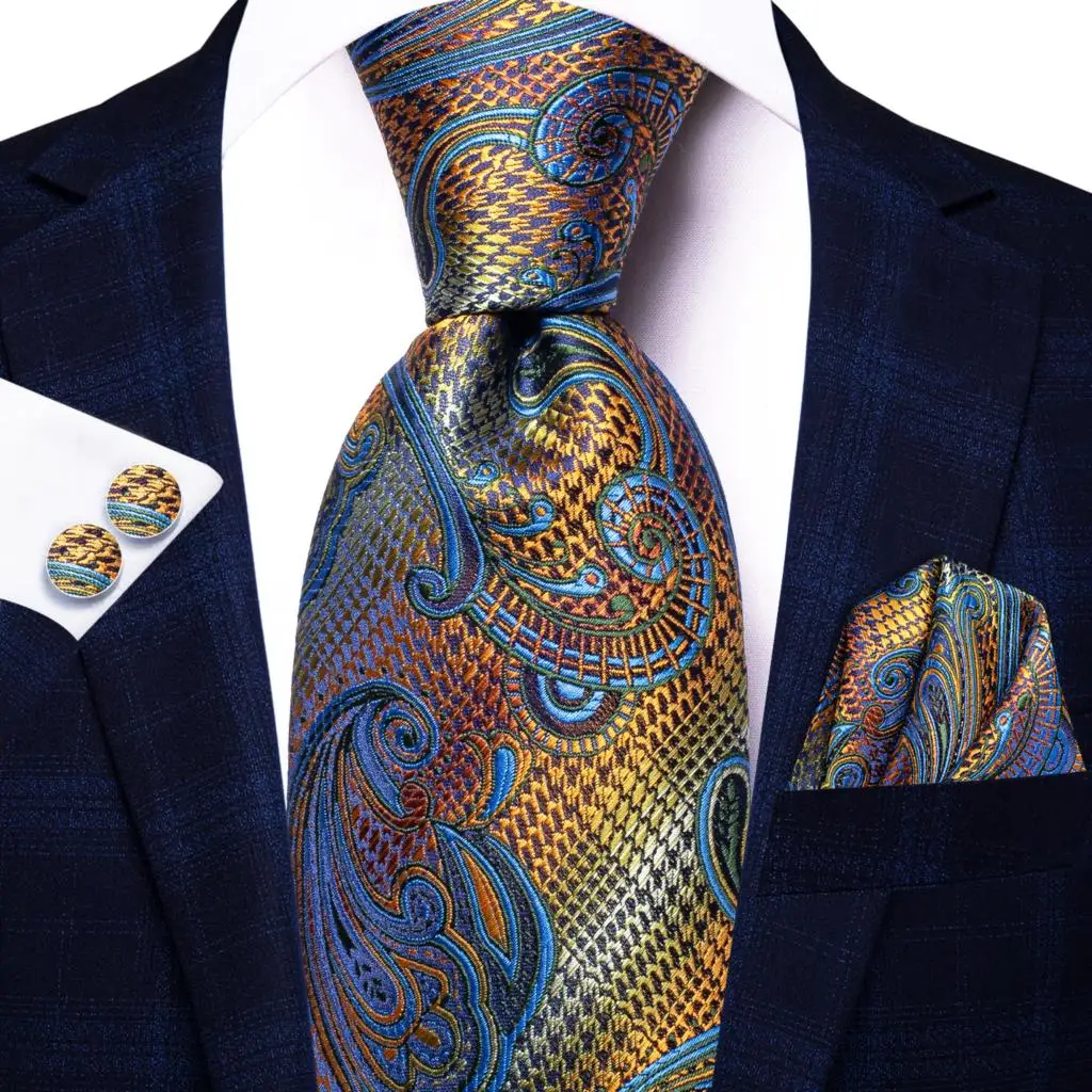 Paisley Blue Orange Silk Tie For Men Handky Cufflink Gift Mens Necktie Fashion Business Party Wedding Dropshiping Hi-Tie Design