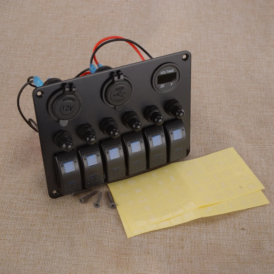 6 Gang Combination On/Off Rocker Switch USB Charger Panel Blue LED Circuit Breaker Voltmeter IP65 Fit For Car Truck Marine Boat