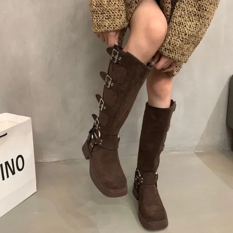 Botas altas no joelho para mulheres, fivela de cinto, sapatos femininos, salto quadrado, moda, alta qualidade, venda quente, 2023