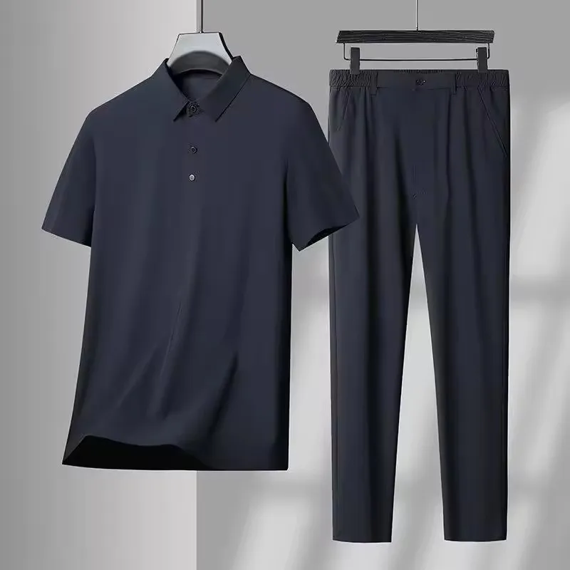 2025 Summer New Men's Polo Shirt Pants Set Ice Silk Cool Quick Drying Middle aged Youth Light Luxury Two piece Set