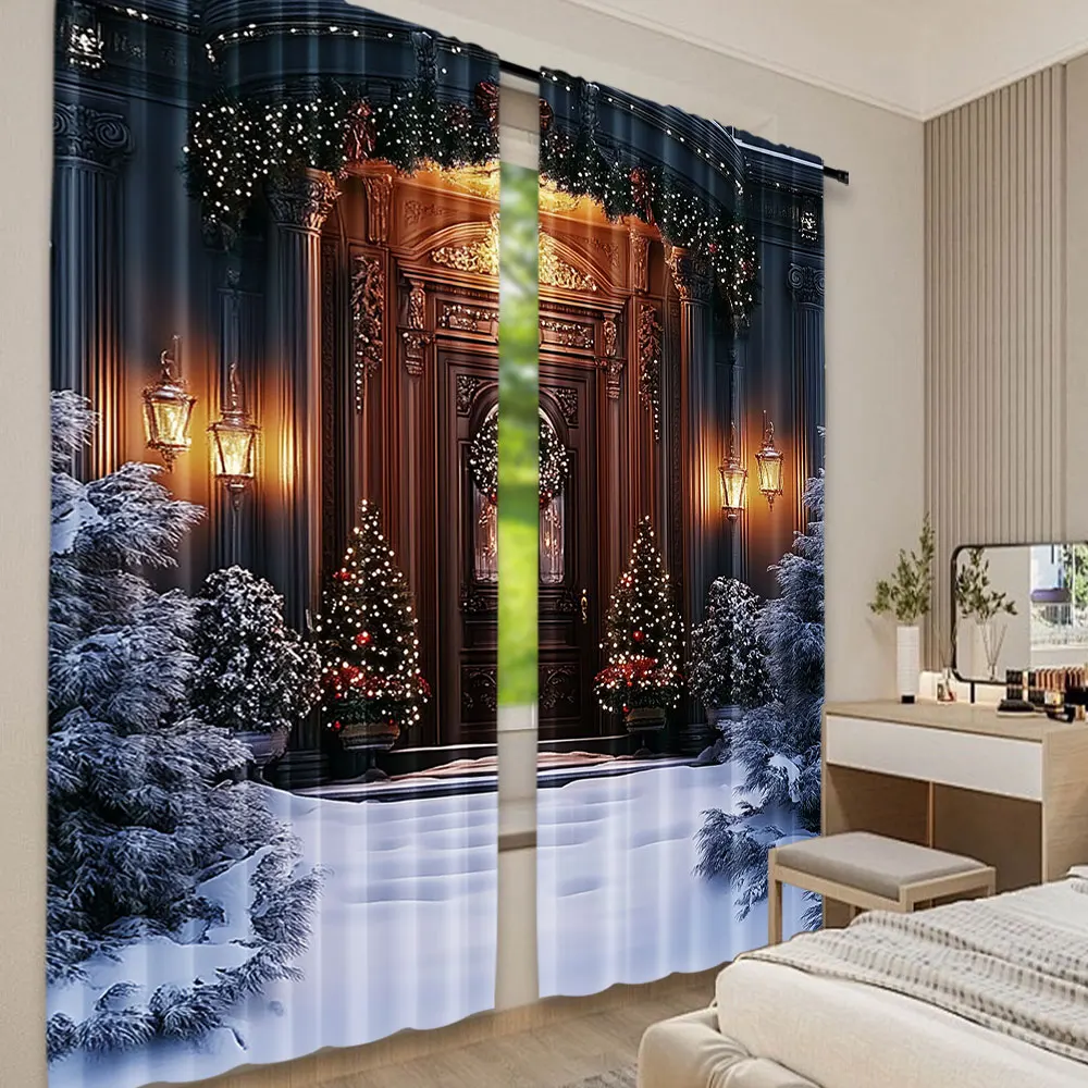 

2Pcs Christmas Curtains Winter Christmas Outside The Door Christmas Tree Snow Black And Gold Suitable For Bedroom Living Room