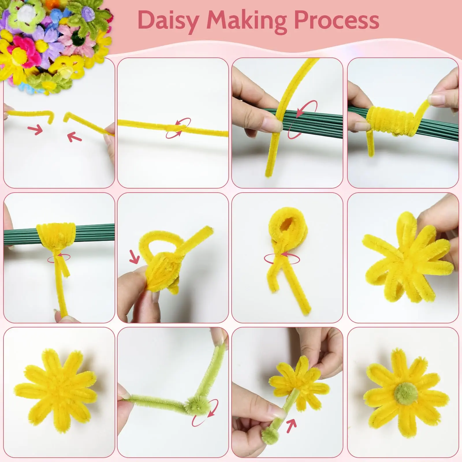 20 Colors 630PCS, Pipe Cleaners Craft Flowers Kit with Handle & Instructions, DIY Art and Craft Supplies for Creative Projects view 4