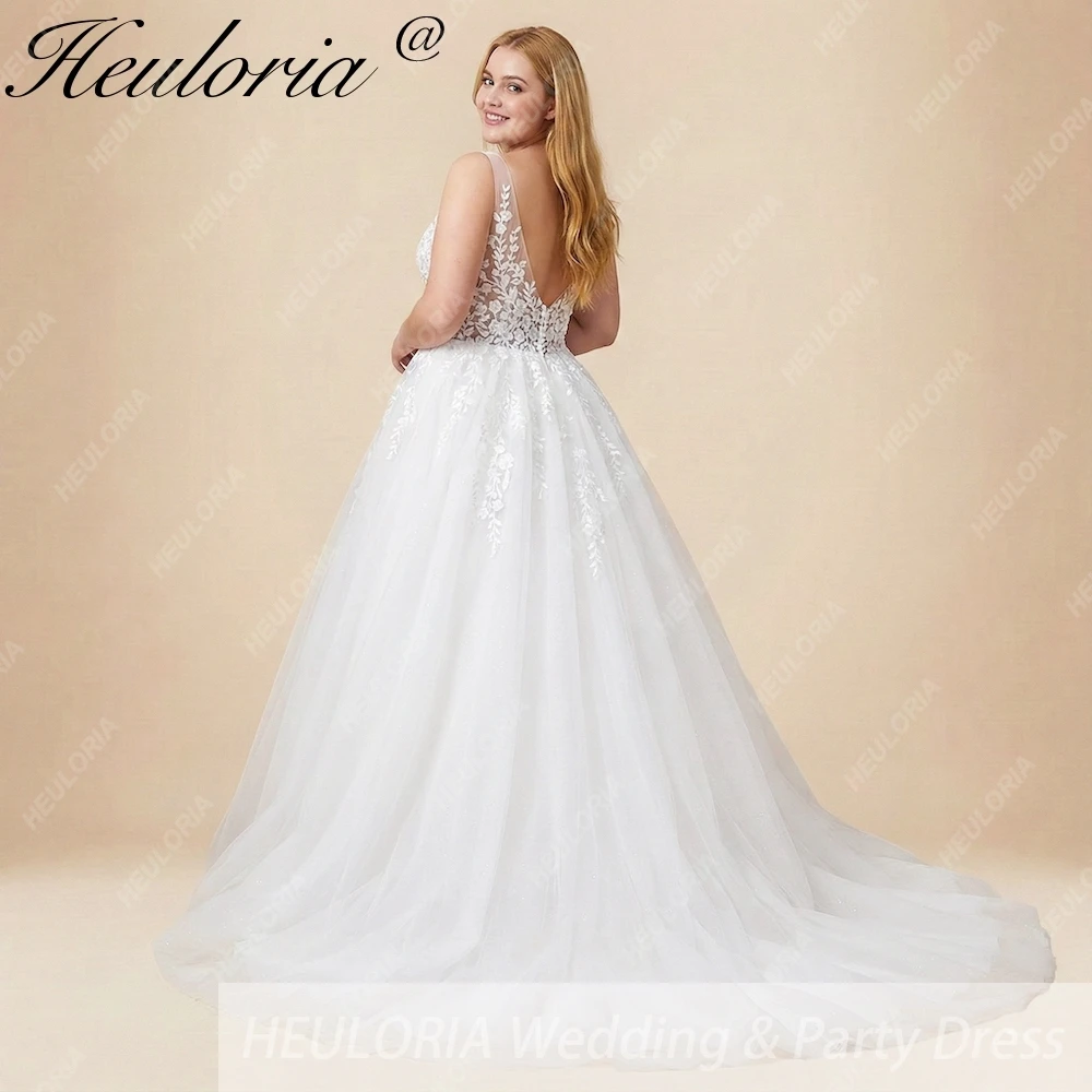 HEULORIA Sparkly Glitter tule A-lijn trouwjurk V-hals Kant Bruidsjurken Bloemen Kant Aangepast