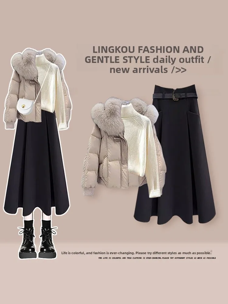 

Casual Elegant Women's Autumn Winter Three-Piece Set with Fur Collar Cotton Base Shirt And Elegant Midi Skirt Age-Defying