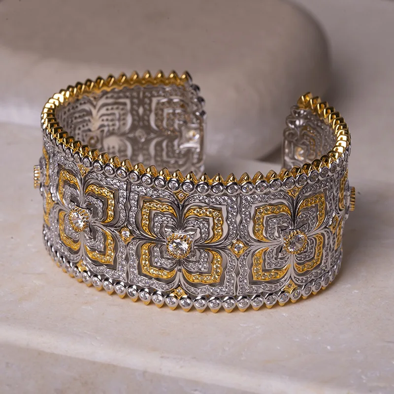 Bellux Italian Style Synthetic Zircon Wide Bracelet 925 Silver Gold Plated Vintage Hollow Four Leaf Flower Open Bangle