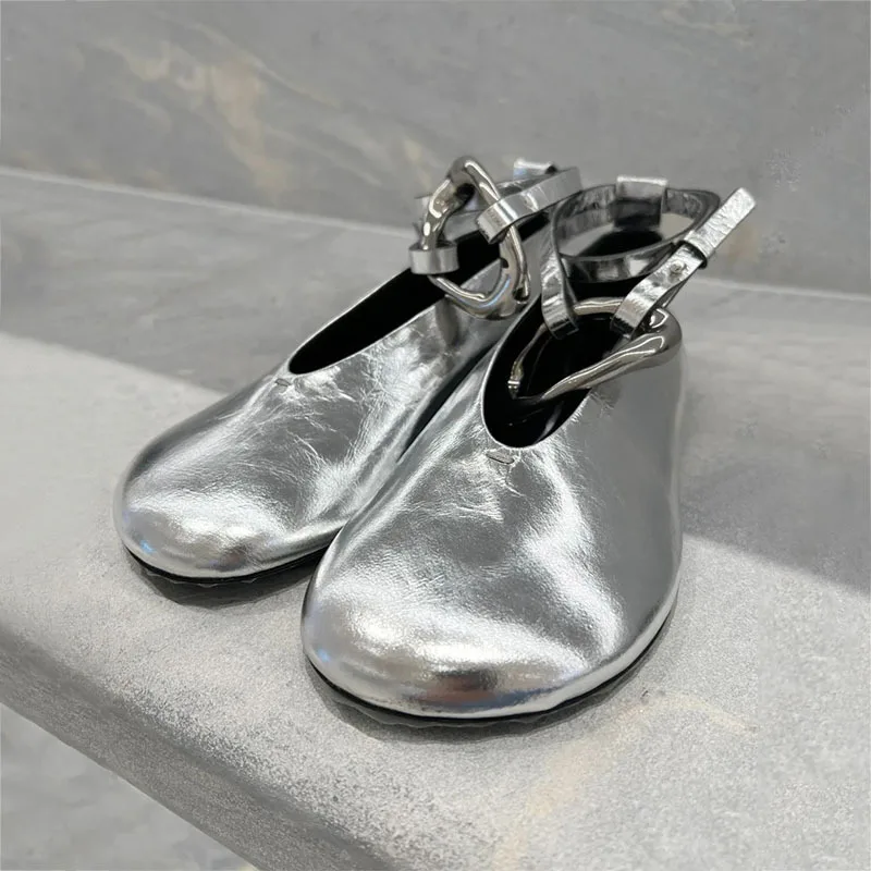 

Ankle Wrap Metal Iron Ring Flats Ballet Shoes for Women's Sheepskin Silvery Leather Round Toe Shallow Mouth Daily Shoes