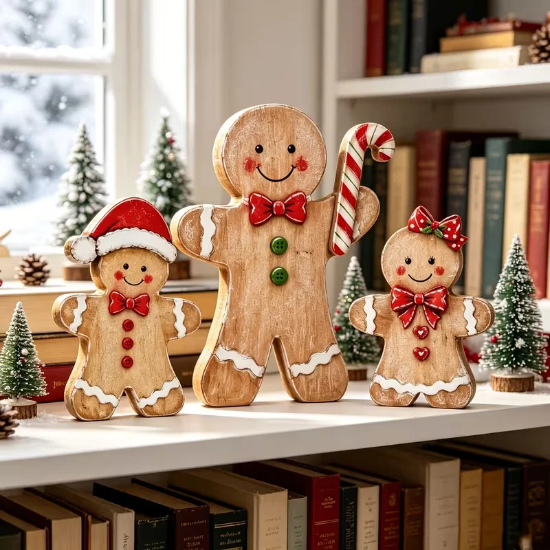 Rustic Farmhouse Artificial Wood Tiered Tray Table Centerpiece with Gingerbread for Multi-Tier Shelf Decoration for Christmas