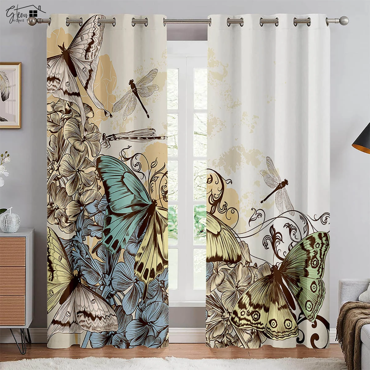 Retro Pastoral Butterfly Flower 3D Printing Curtains Beautiful And Fresh Bedroom Living Room Study Polyester Fiber Curtains 2PCS