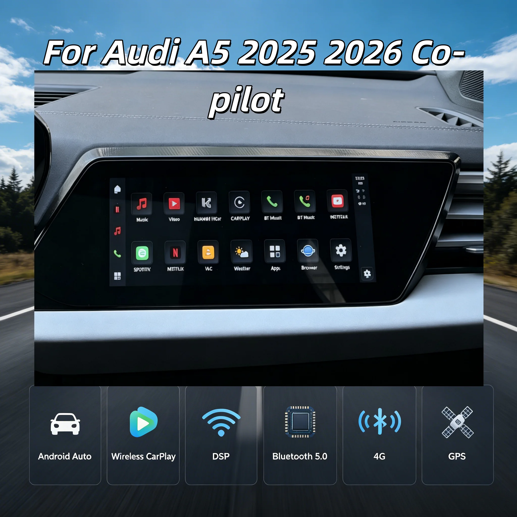 11 Inch For Audi A5 2026 Co-pilot Passenger Seat HD Touch Screen Car Radio Auto CarPlay Multimedia Player GPS Navi Head Unit DSP
