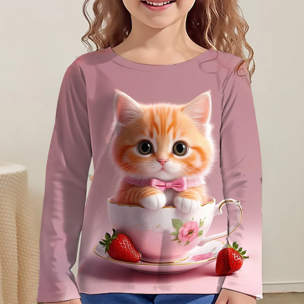 Kinder Kleidung Mädchen T-Shirts Top Langarm Kinder T-Shirt Nette Katze Drucken Casual Kinder Sommer Herbst Kleidung Mädchen Kleidung – Detail 5