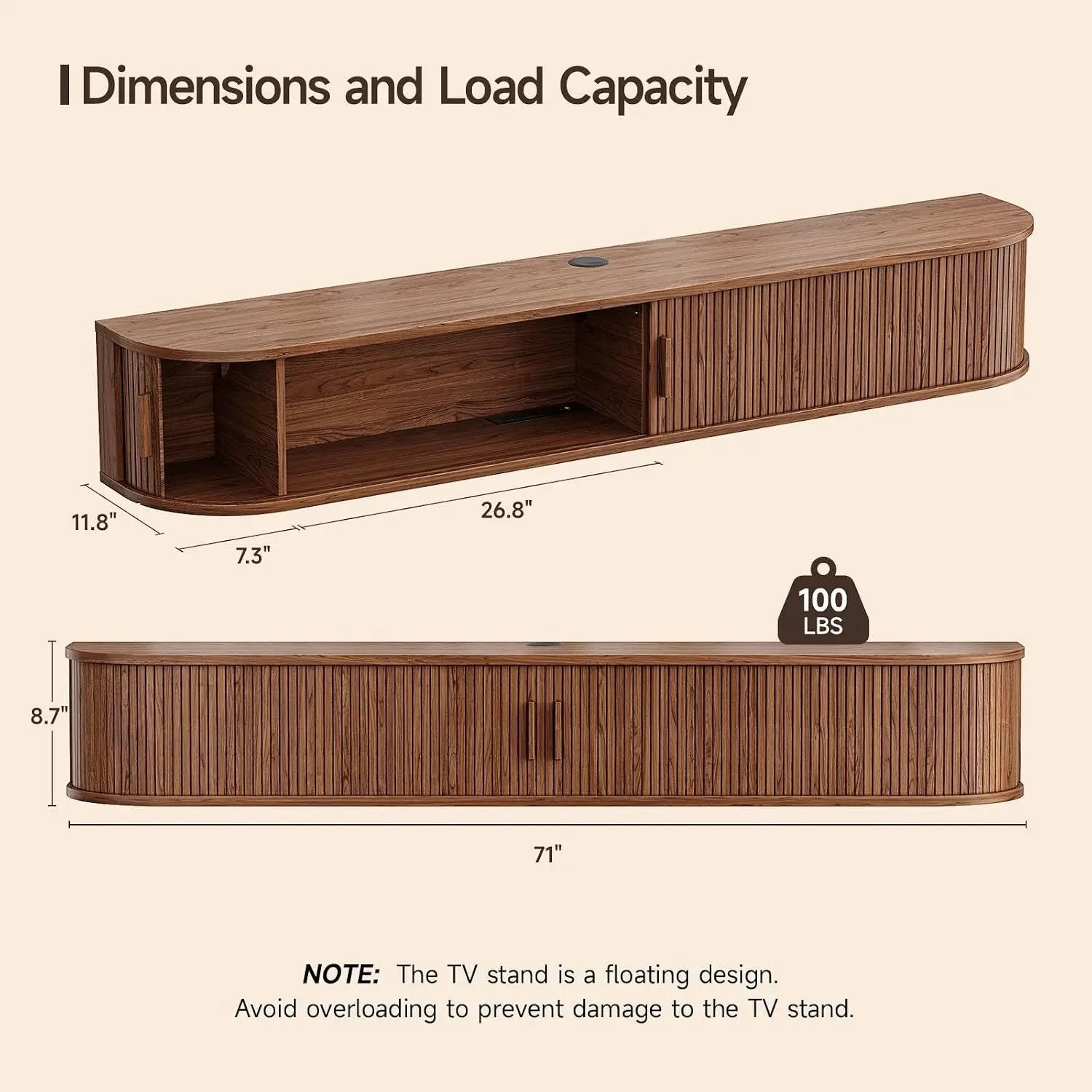 71 Inch Floating Tv Stand Power Outlet Fits 80 Inch Walnut Fluted Entertainment Center Remote Led Light Mid Century Modern Tv Co