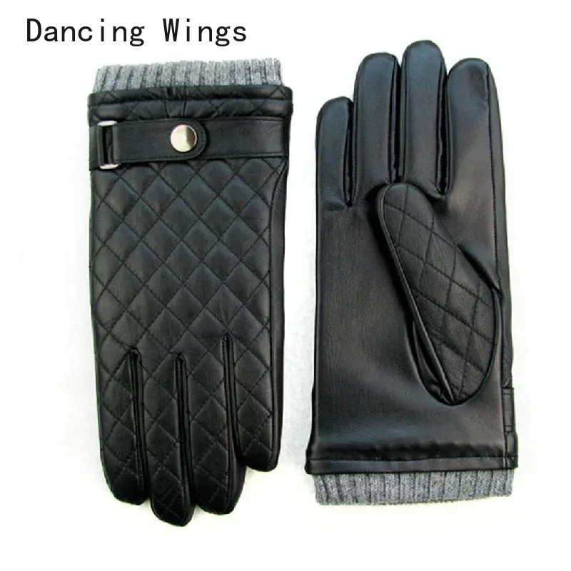 

New Real Leather Men Gloves Autumn Winter Thermal Plushed Thicken Wrist Knitted Black Lambskin Driving Gloves Male